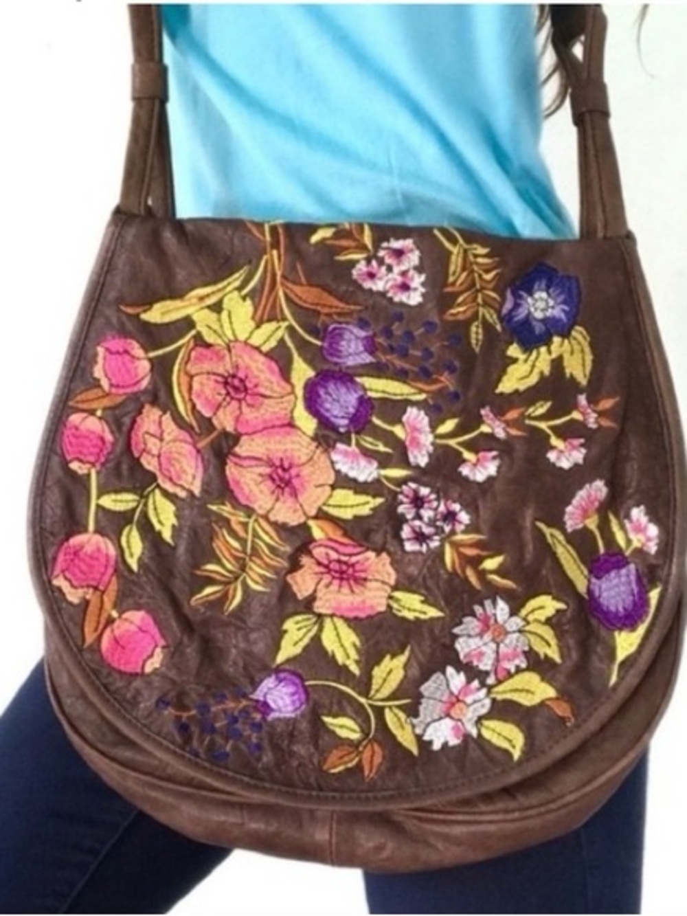 Embroidered Floral Leather Crossbody Bag - Brown
